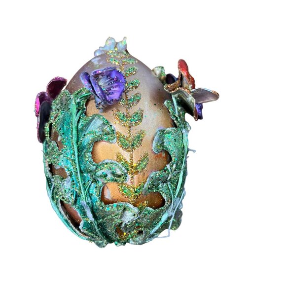 Handcrafted Floral Glitter Ornament Set With Red & Gold Egg Flower Designs - Picture 5 of 13